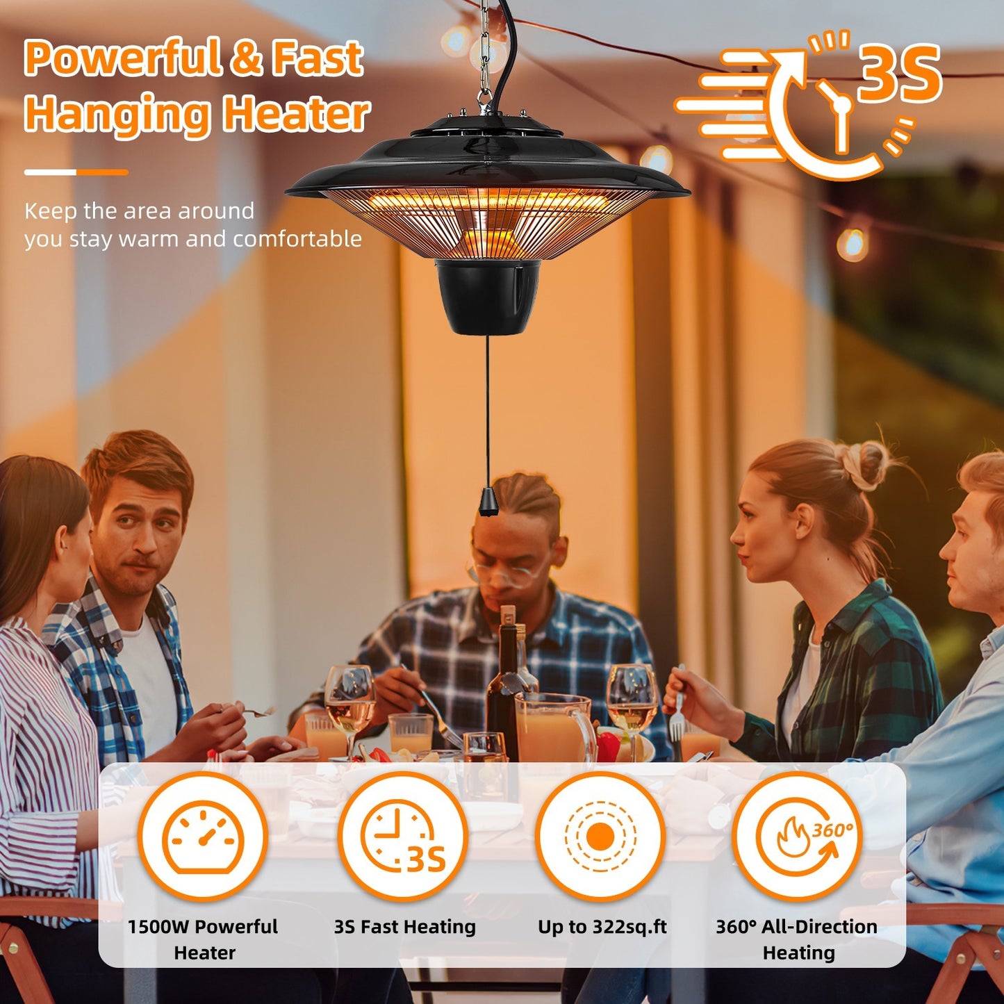 US Local 1Pc 1500W Outdoor Hanging Patio Heater Ultra-Quiet Electric Heating Lamp IP23 Waterproof 2 Heating Levels Overheating Protection Ceiling Mounted Outdoor Heater