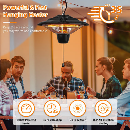 US Local 1Pc 1500W Outdoor Hanging Patio Heater Ultra-Quiet Electric Heating Lamp IP23 Waterproof 2 Heating Levels Overheating Protection Ceiling Mounted Outdoor Heater
