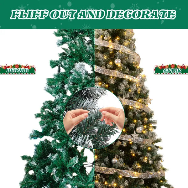 US Local 7.5 FT Artificial Snow Tipped Christmas Tree With DIY 350 Warm Lights Remote Control, Hinged Xmas Pine Tree With Silver Ribbon Ornaments For Holiday Party Office Home, Green & Snow Tipped
