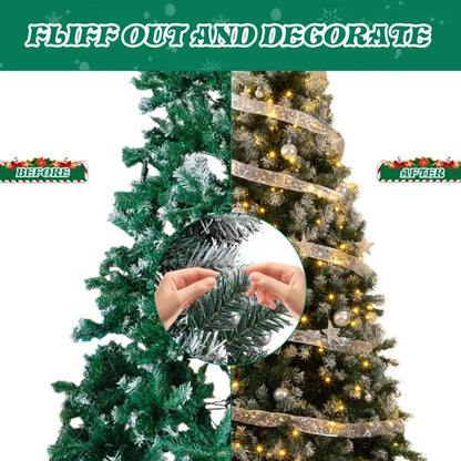 US Local 7.5 FT Artificial Snow Tipped Christmas Tree With DIY 350 Warm Lights Remote Control, Hinged Xmas Pine Tree With Silver Ribbon Ornaments For Holiday Party Office Home, Green & Snow Tipped
