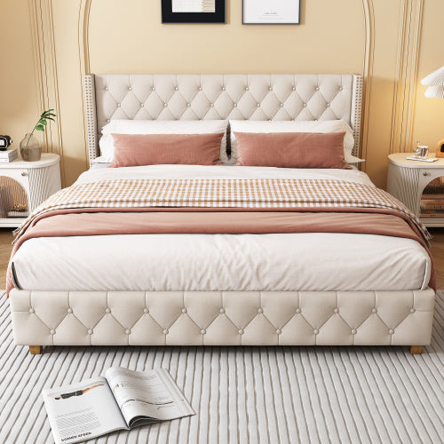 UK Local Upholstered Bed,Double Bed-4ft6 135x190cm ,With Slatted Frame And Headboard, Button Upholstery, Rivet Upholstery, Wooden Legs, Linen, Beige