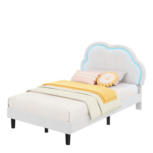 UK Local 3ft Single Upholstered Bed With LED Adjustable Cute Cloud Headboard, Soft Velvet Bed Frame With Solid Wood Slat, No Box Spring Needed, Easy Assembly, Cream White No Mattress