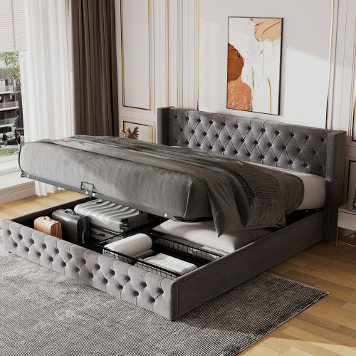 UK Local Upholstered Bed, With Hydraulic Lever, Functional Bed From Storage, 150 X 200 Cm, Without Mattress, Velvet, Gray