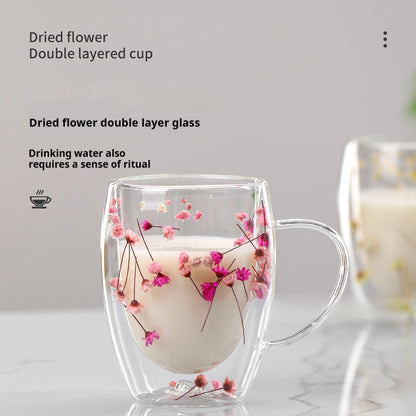 Real Flower Double Layer Glass Cup Good-looking Starry Sky