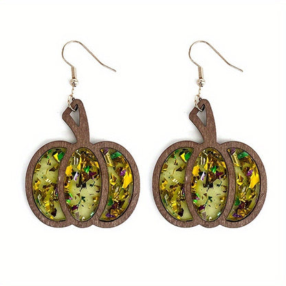 Halloween Autumn Thanksgiving Retro Big Pumpkin Wooden Earrings