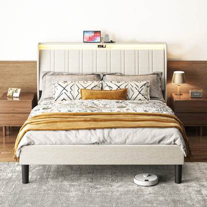 US Local Platform Bed Frame With Fabric Upholstered Headboard And Wooden Slats Support, Fully Upholstered Mattress