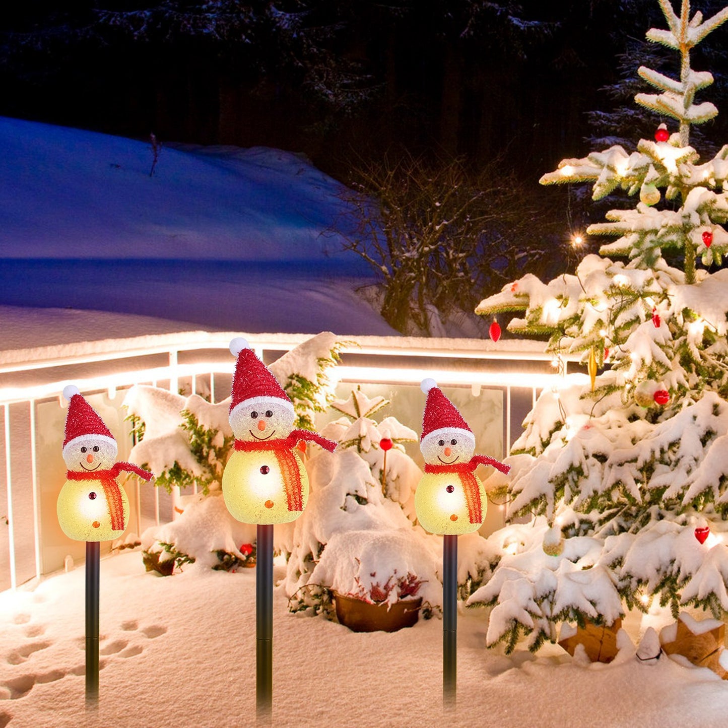 US Local 1Pc Solar Powered Lamp 3 Snowmen Outdoor Decorative Christmas Lamp Garden Stake Light IP55 Waterproof Santa Landscape Light Warm White LED Lighting Pathway Yard Patio