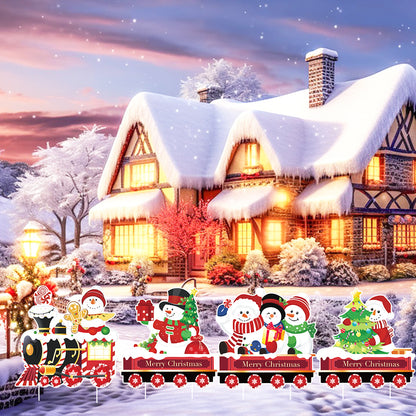 US Local 4 Pack Christmas Yard Signs With Plastic Stakes Xmas Train Snowman Christmas Tree Gift Lawn Signs For Yard Fence Garden Lawn Xmas Holiday Outside Decoration Supplies