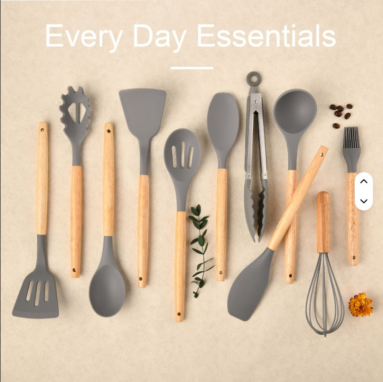 US Local Non-Stick Silicon 12 Pcs Heat Resistant Wooden Handle Kitchen Cooking Utensils Set, Gray Color