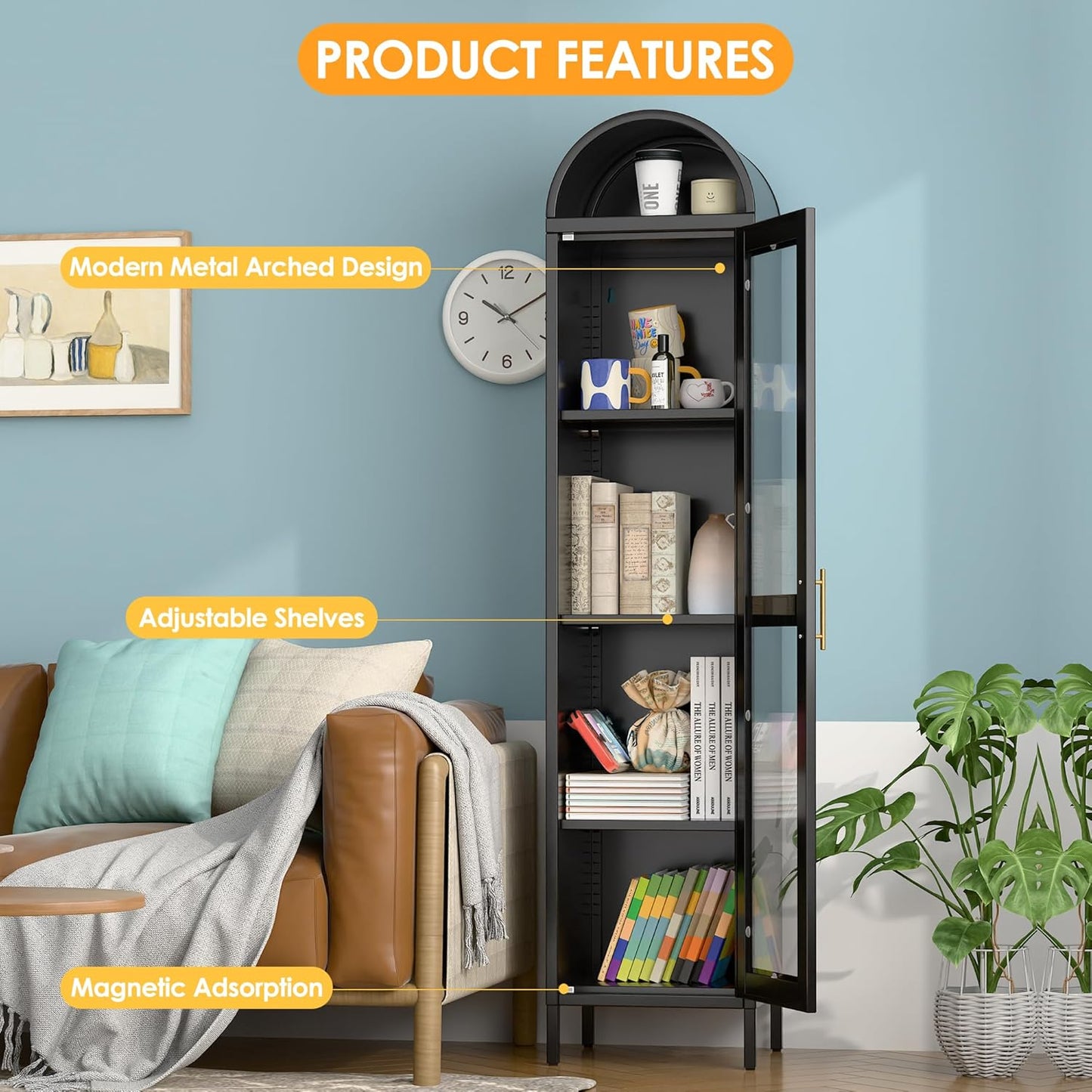 US Local 73 In Tall Metal Arched Cabinet, Kitchen Pantry Cabinet With Glass Door, Modern Farmhouse Arched Bookcase With 3 Adjustable Shelves For Dining Room And Living Room, Black, Assembly Required