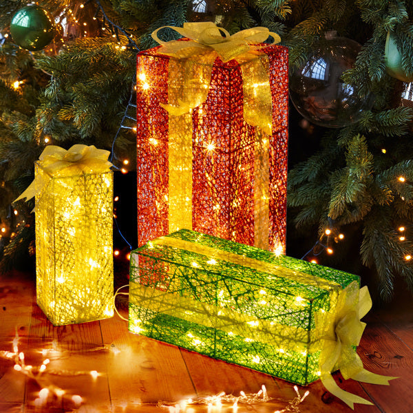 US Local 3pcs 18in-15in-11in Green Gold Christmas Lighting Gift Box