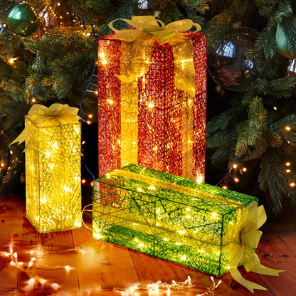 US Local 3pcs 18in-15in-11in Green Gold Christmas Lighting Gift Box
