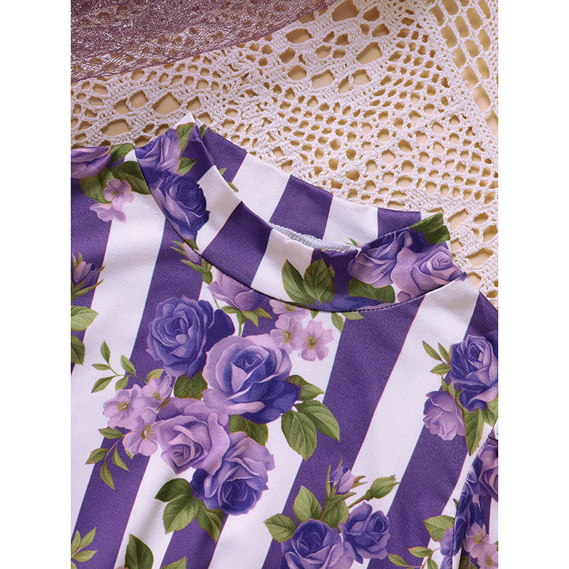 US Local Toddler Girl Purple Rose Print Girls Outfit, Spring Fall Stripe Top With Belt Skirts Set Holiday Going Out Clothes