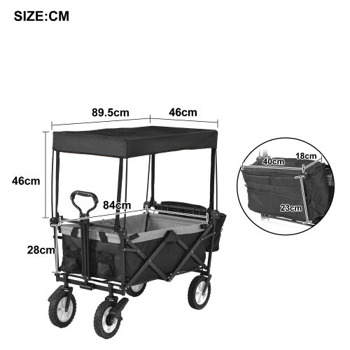 UK Local Garden Cart With Romovable Canopy, Foldable Trolley Wagon 4 Wheels Front Cup Holder Cooler Bag Push Pull Handle Hand Truck Black