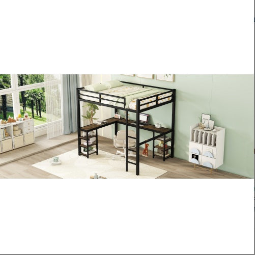 US Local Full Metal Loft Bed With Desk And Shelves, Loft Bed With Ladder And Guardrails, Loft Bed Frame For Bedroom