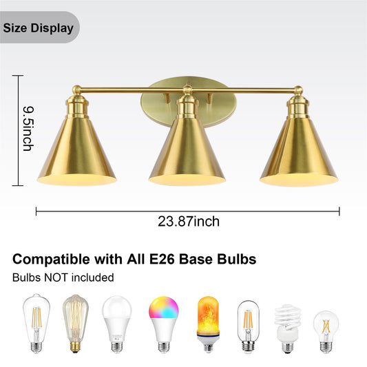 US Local Bathroom 3 Light Lighting Fixtures Over Mirror, 24 Inch Gold Bathroom Anti-Rust Vanity Light For Bathroom Shower Toilet E26 Bulbs