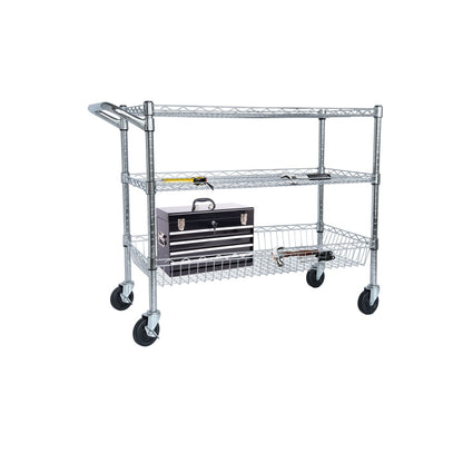 US Local Heavy Duty Rolling Utility Cart,3 Tier Rolling Carts With Wheels,with Handle Bar  Shelf Liners,36X18X32  Storage Cart For Kitchen,Restaurant,Plant Display,Chrome