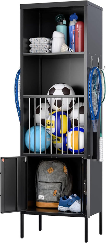 US Local Metal Sports Fence Locker Is Suitable For School,Storage Locker With Hooks & Lock Door,Storage Sports Equipment For Gym, Ball Park,Stadium,Garage,Assembly Required,Black