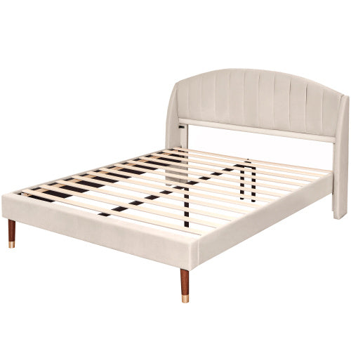 UK Local Upholstered Bed,Double Bed-4ft6 135x190cm,with Slatted Frame And Headboard, Youth Bed, Wooden Slatted Support, Easy Assembly, Velvet, Beige