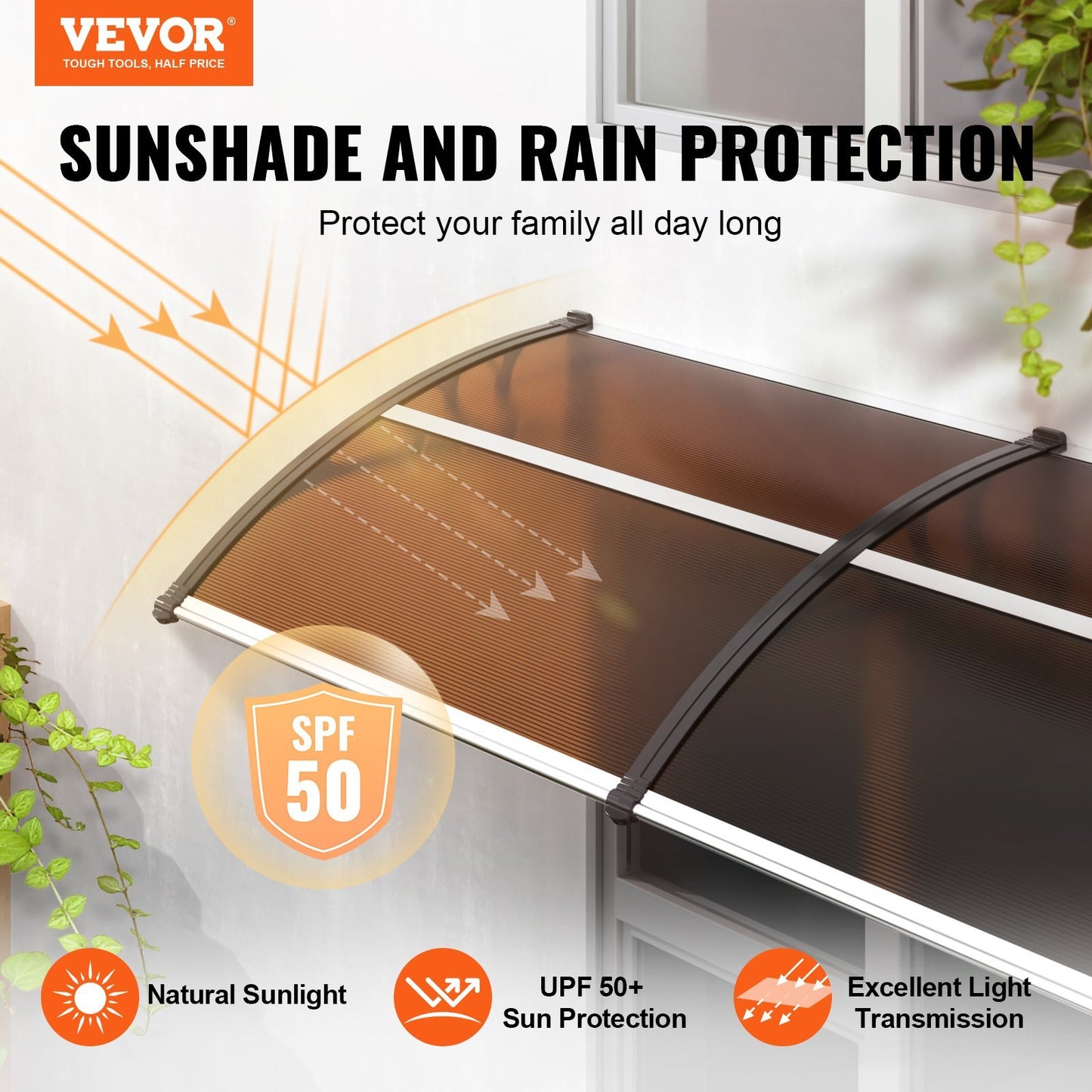 US Local VEVOR Window Door Awning Canopy , UPF 50 Polycarbonate Entry Door Outdoor Window Awning Exterior, Front Door Overhang Awning For Sun Shutter, UV, Rain, Snow Protection, Hollow Sheet
