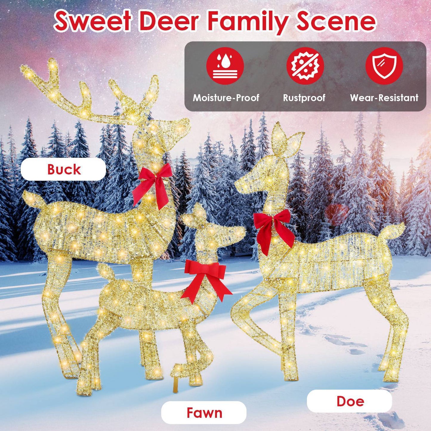 US Local 3 Pcs In 1 Set 2D Lighted Christmas Deer Family Set Indoor Outdoor Light Up Reindeer Decorations Lighted Buck Doe Fawn Display With 8 Lighting Modes