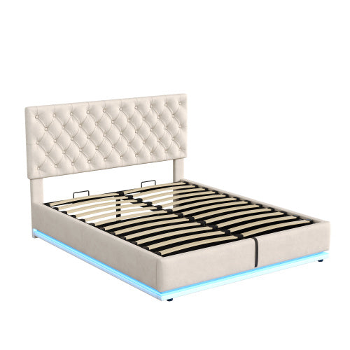 UK Local Double Ottoman Bed With LED Lighting, Velvet Upholstered Bed With Hydraulic Storage, 4ft6 Double Bed Frame With Handmade Button Tufted Adjustable Headboard, No Box Spring Needed, Beige No Mattress