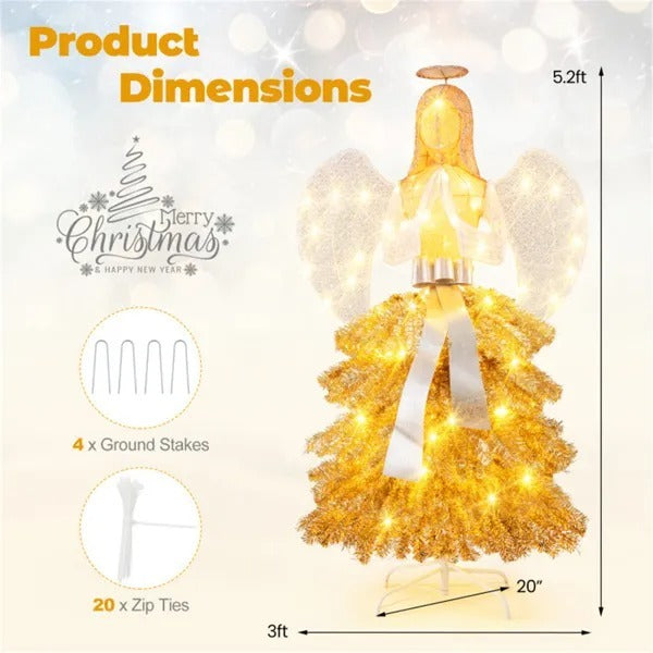 5.2ft Pre-Lit Angel Christmas Tree - 150 Warm White LEDs, Golden White Design With Angel Figure   Shimmering Leaves