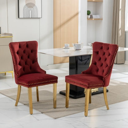 US Local High-end Tufted Solid Wood Contemporary Velvet Upholstered Dining Chair With Golden Stainless Steel Plating Legs,Nailhead Trim,Set Of 2