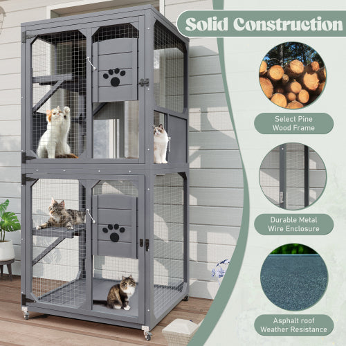 US Local Catio Outdoor Cat Enclosure Window Access, 4 Tiers Cat House With Wheels, Resting Box & Waterproof Roof, Indoor Large Cat House Cage, Gray