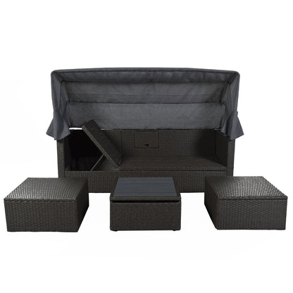 US Local U Style Patio Rectangle Daybed With Canopy, Wicker Sectional Seating