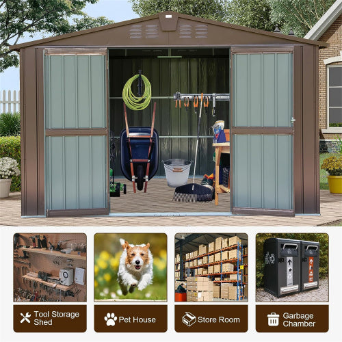 US Local Outdoor Storage Shed 10'x8', Metal Tool Sheds Storage House With Lockable Double Door,Large Bike Shed Waterproof For Garden,Backyard,Law Brown