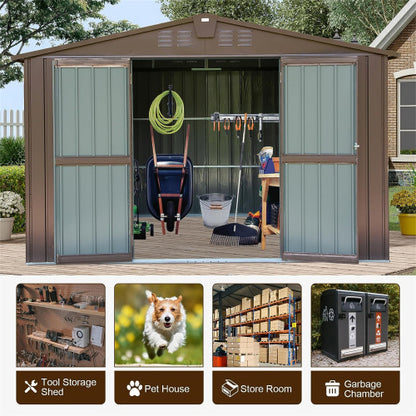 US Local Outdoor Storage Shed 10'x8', Metal Tool Sheds Storage House With Lockable Double Door,Large Bike Shed Waterproof For Garden,Backyard,Law Brown