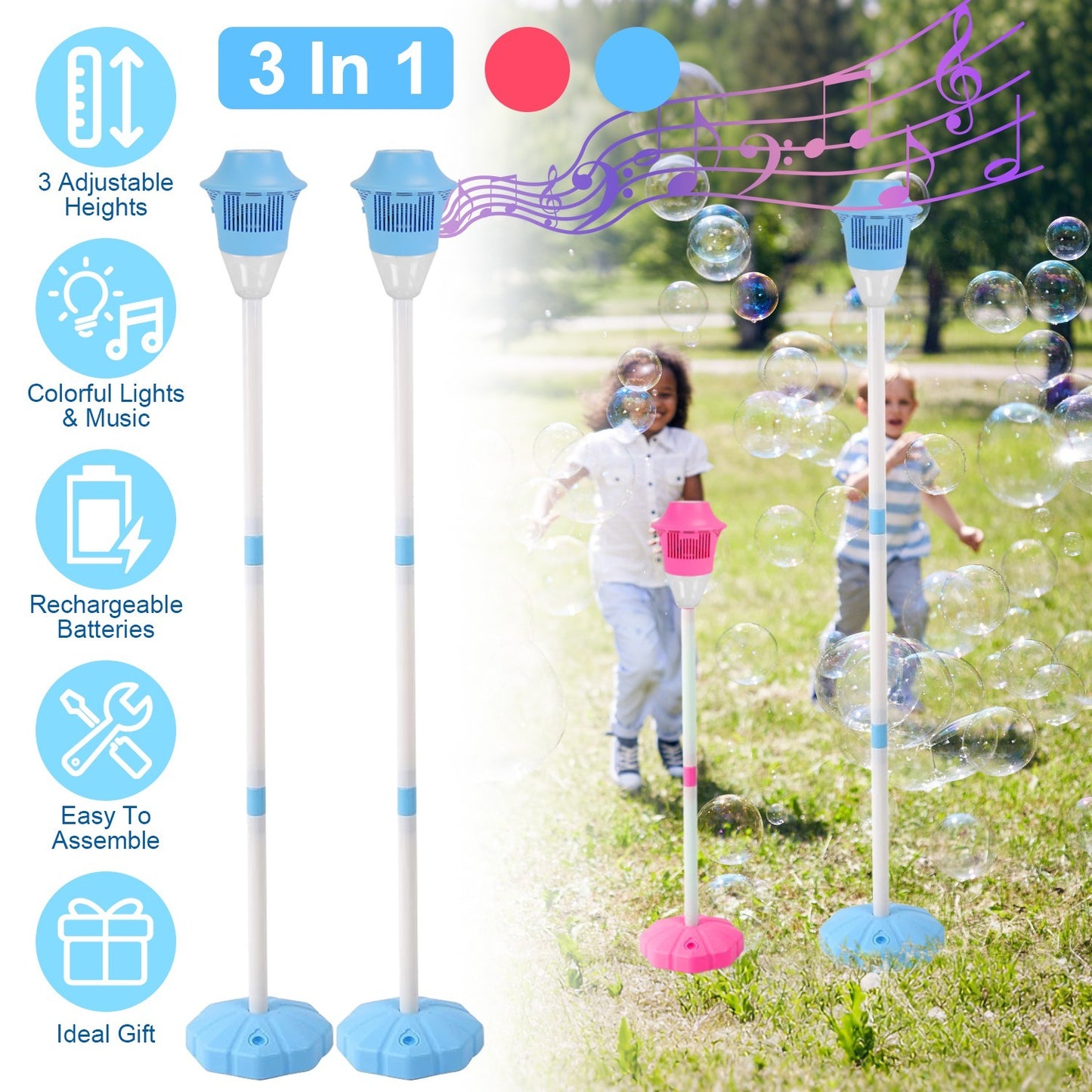 US Local 2 Pack 3 In 1 Standing Bubble Machines With Colorful Lights And Music Rechargeable Bubble Maker Stands With 2 Modes 3 Adjustable Height For Party Wedding Indoor Outdoor Occasions Pets Kids