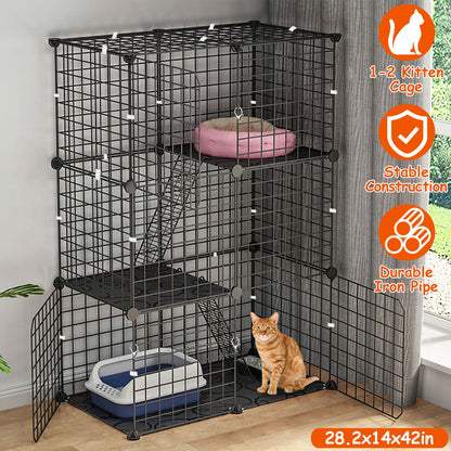 US Local 3 Tier Cat Playpen Cage Metal Indoor Cat House Detachable Kitten House With 3 Doors 2 Ladders Large Cat Exercise Place For 1-2 Cats Black