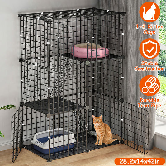 US Local 3 Tier Cat Playpen Cage Metal Indoor Cat House Detachable Kitten House With 3 Doors 2 Ladders Large Cat Exercise Place For 1-2 Cats Black