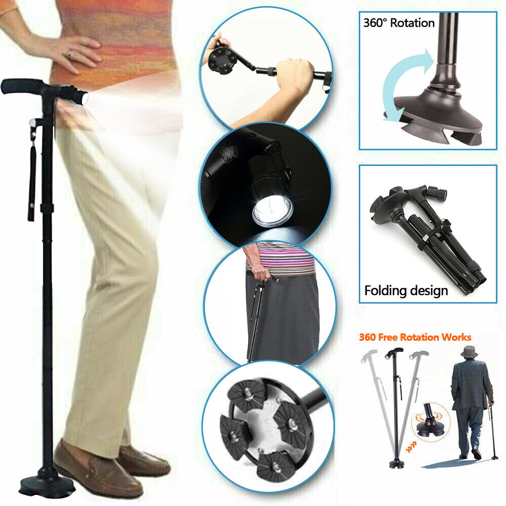 UK Local Folding LCD Walking Stick Cane With Flashlight For Senior Aluminium Travel Hiking Cane Trekking Pole Crutch Handle Strap 5 Gears