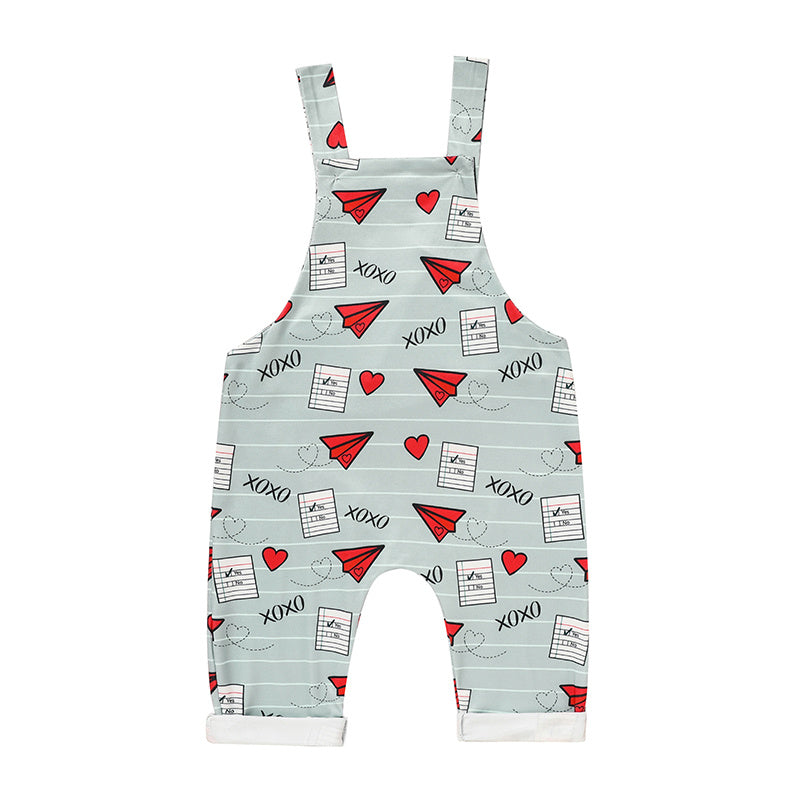 US Local Baby Boy Girl's Casual Heart Pattern Jumpsuit, Paper Airplane Heart Xoxo Trendy Overalls, Valentine's Day Coming Home Outfit