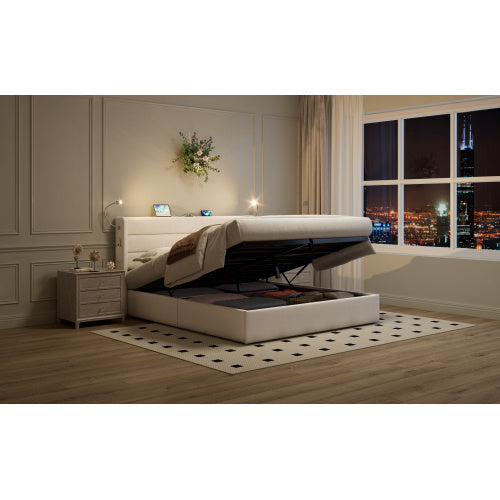 UK Local King Upholstered Bed With Charging Station, Linen Hydraulic Storage Bed With Adjustable LED Reading Light, 5ft Double Bed Frame With USB And Type  C Ports, No Box Spring Needed, Beige