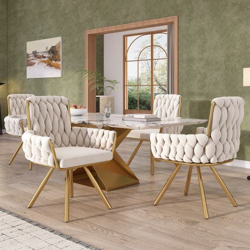 UK Local Velvet Dining Chair, Armchair, Single Luxurious Living Room And Bedroom Swivel Chair, Leisure Swivel Chair With Four Metal Support Legs, Beige