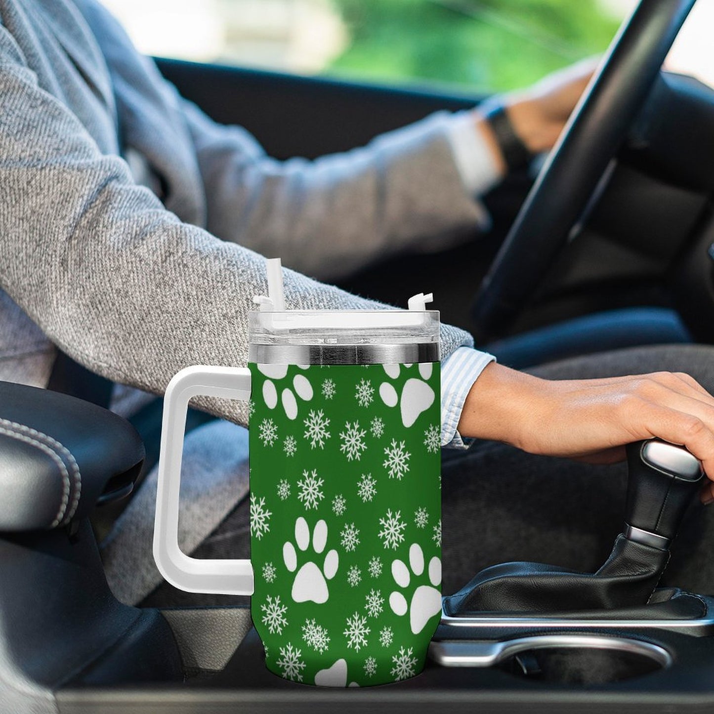 PHDT00312 POD US Local Tumbler 40 oz Large Capacity Car Cup Christmas Snowflakes Cats Dogs Paws Snowflakes Green