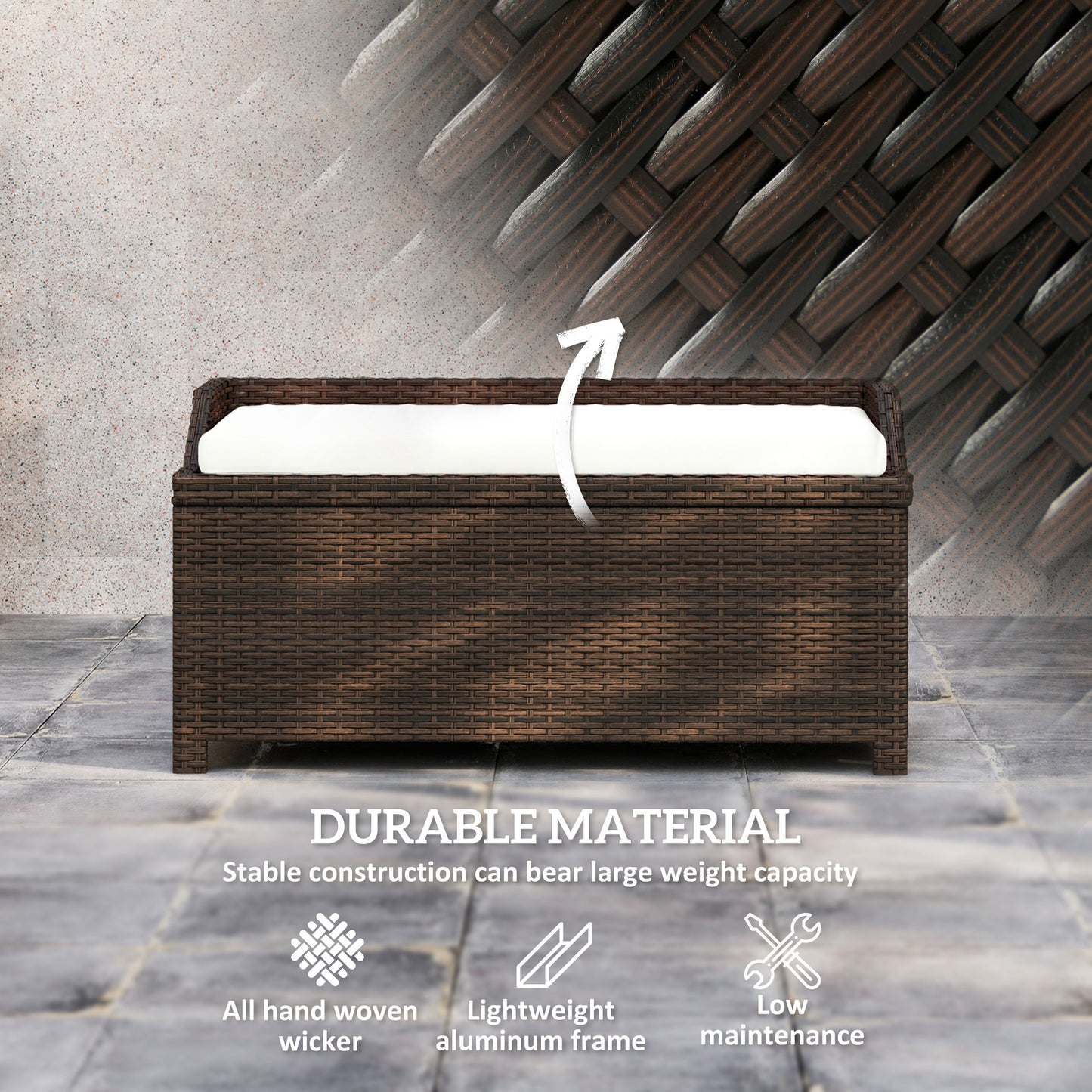 US Local Outdoor Wicker Storage Bench With Storage & Cushion, Cream White