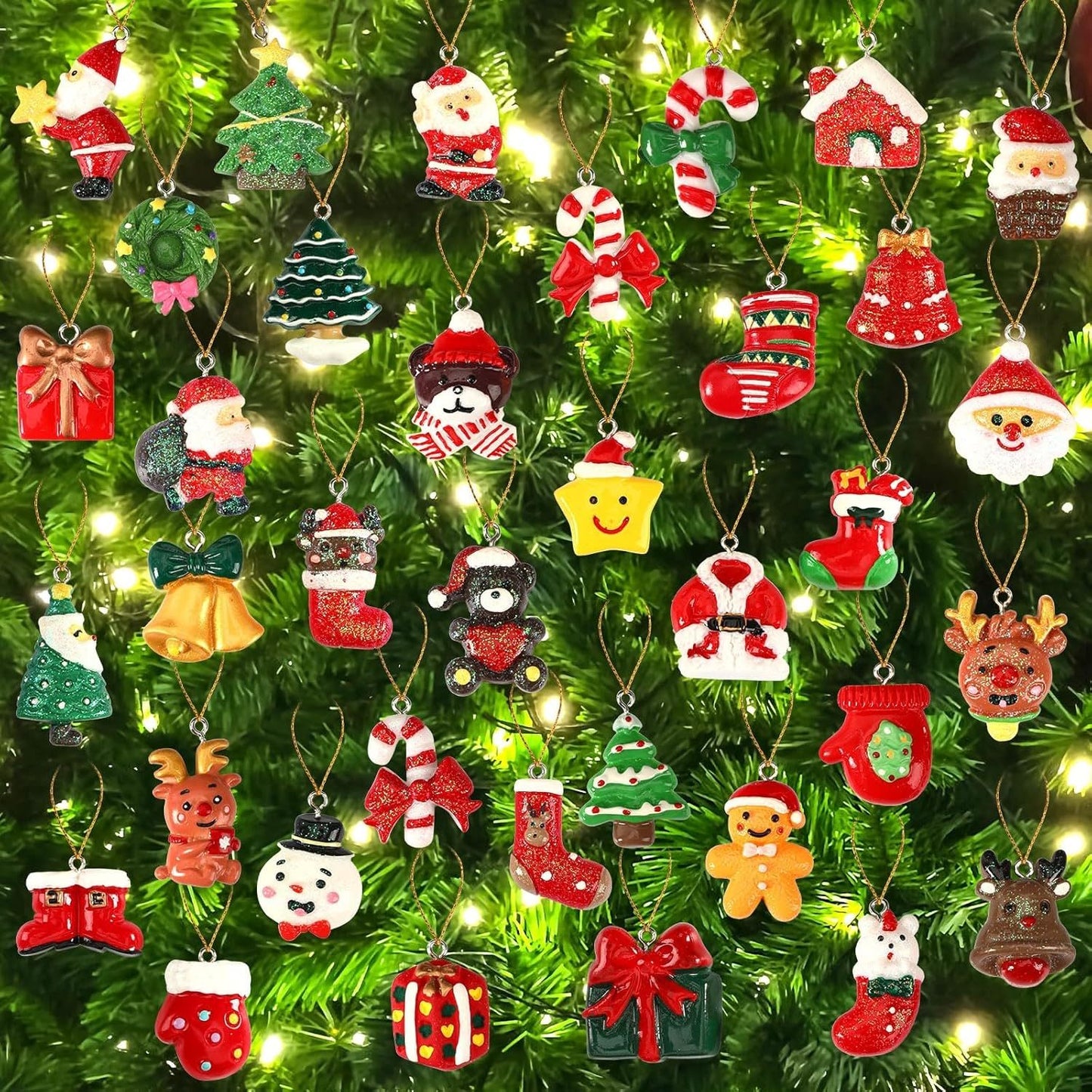 US Local 36PCS Mini Resin Christmas Ornaments Tiny Christmas Hanging Ornaments For Tree Xmas Miniatures Figurines Charms With String Resin Hanging Pendants For Holiday Party