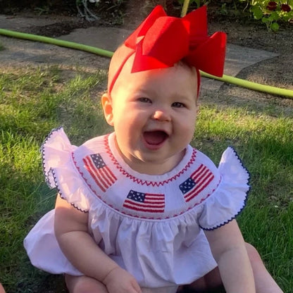 US Local Baby Girl 4th Of July Bubble Romper, Smocked Fly Sleeve Bodysuit With American Flag Embroidery