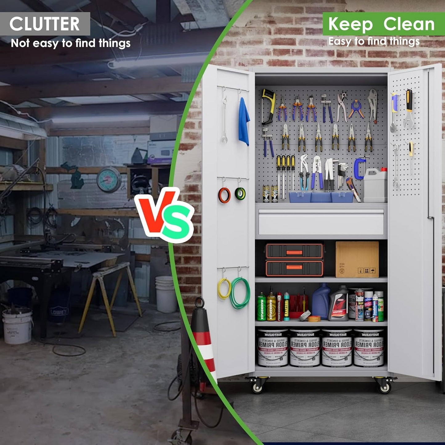 US Local Metal Garage Storage Cabinet With Wheels And Doors,Rolling Tool Cabinet With Pegboard,Rod And Drawer For Garage Warehouse Home,Required Assembly,Grey And White