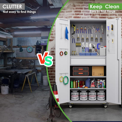 US Local Metal Garage Storage Cabinet With Wheels And Doors,Rolling Tool Cabinet With Pegboard,Rod And Drawer For Garage Warehouse Home,Required Assembly,Grey And White