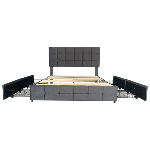 UK Local 4ft6 Double Upholstered Bed With 4 Storage Drawers, Velvet Bed Frame With Charging Station. Adjustable Button Tufted Headboard With USB And Type - C Ports, No Box Spring Needed, Grey No Mattress