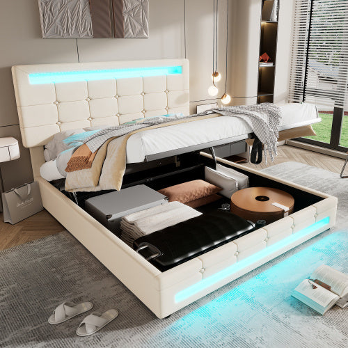 UK Local Upholstered Bed, Hydraulic Bed, Adults Teenagers 4ft6 Double Bed 135x190cm, Square Embellishment, With 7colors LED-light Strips, Velvet Iron, Beige