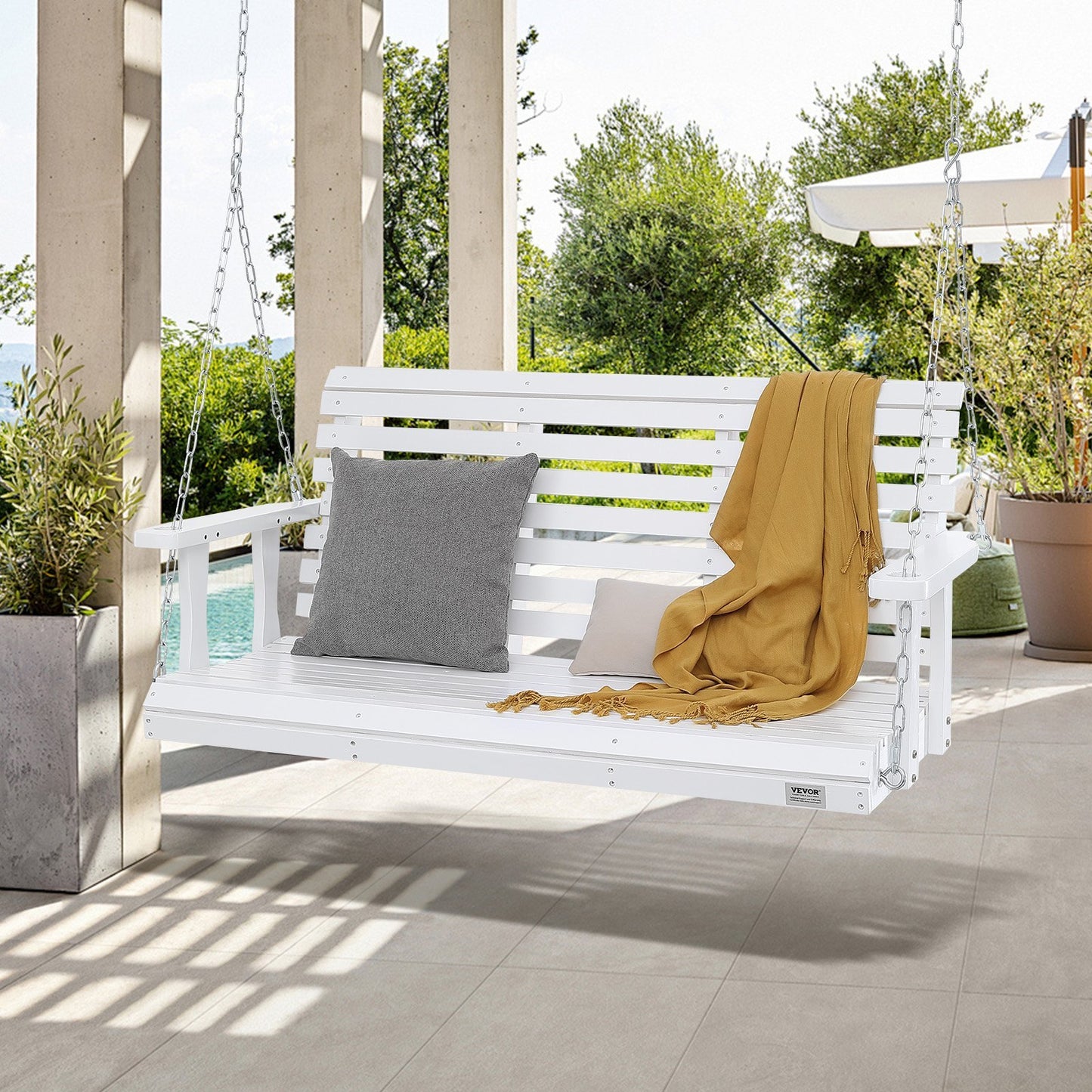 US Local VEVOR Wooden Porch Swing 4.5 Ft, Patio Bench Swing For Courtyard & Garden, Upgraded 880 Lbs Strong Load Capacity, Heavy Duty Swing Chair Bench With Hanging Chains For Outdoors, White