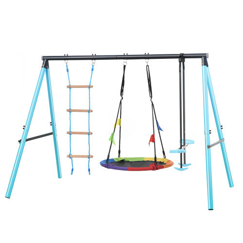 UK Local Kids Swing Swing Seesaw Set With Metal Frame, Nest Tree Swing, , Seesaw Height Adjustable, Climbing Ladder & Climbing Net, Backyard Playground Outdoor Play Frame Toy For Children, Over 3 Years Old