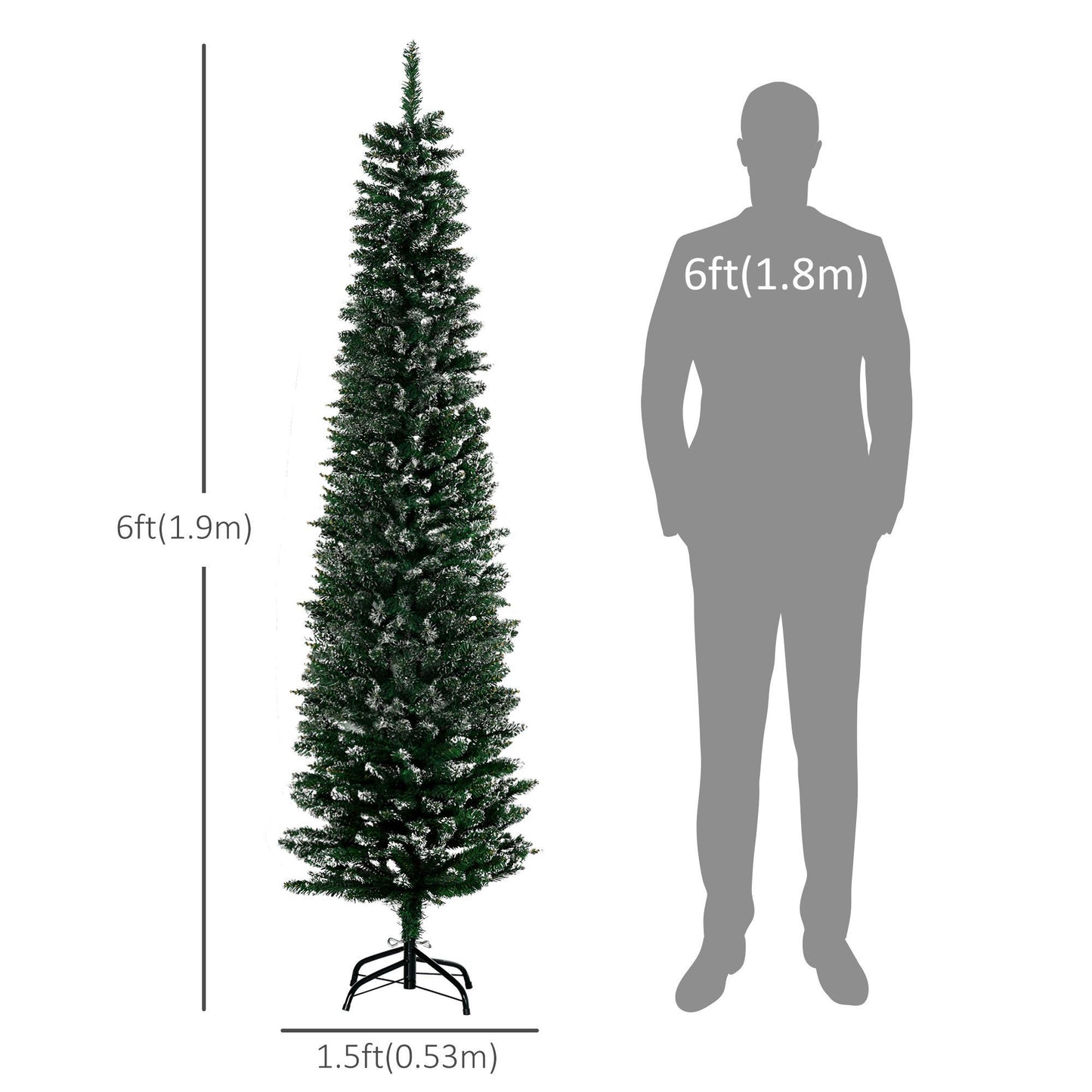 CA Local 6 ft Artificial Snow Dipped Christmas Tree Xmas Pencil Tree Holiday Home Indoor Decoration With Foldable Black Stand, Green